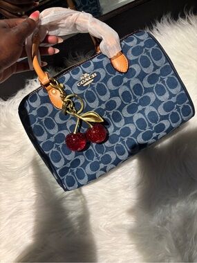 Coach Navy Signature Denim Satchel with Red Cherry Charm